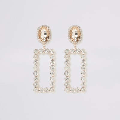 Boucles d'oreilles rectangulaires or rose à strass