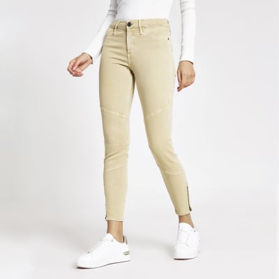 Beige Molly-Jeggings mit halbhohem Bund und Reißverschluss am Saum