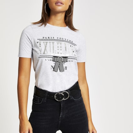 Grey embellished bow print T-shirt