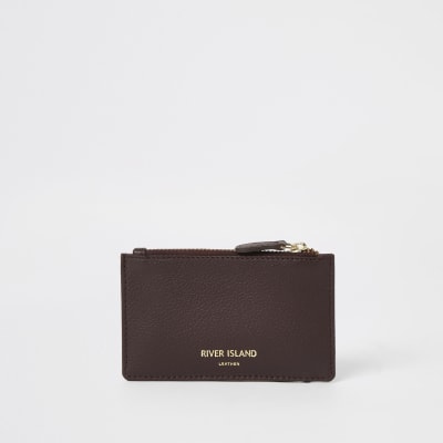 Porte-cartes en cuir violet foncé zippé