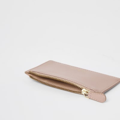 Porte-cartes en cuir rose zippé