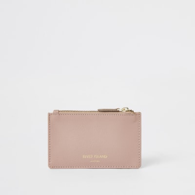 Porte-cartes en cuir rose zippé