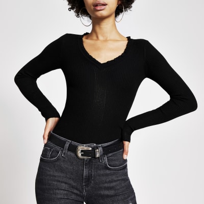 Black frill V neck rib knitted jumper