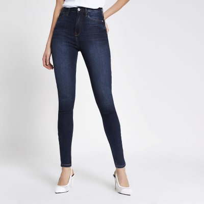 Donkerblauwe skinny Hailey jeans met hoge taille
