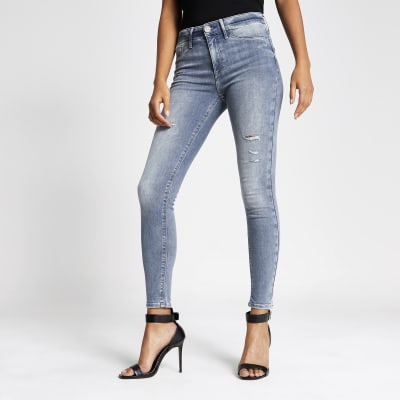 Molly - Grijze ripped jegging met halfhoge taille