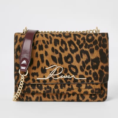 Bruine 'River' satchel-tas met luipaardprint