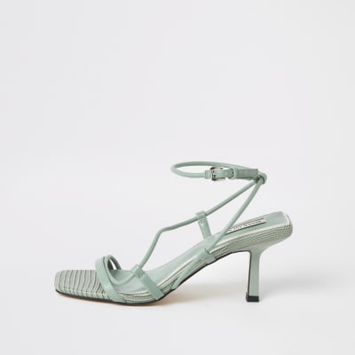 Green square toe midi heel sandals