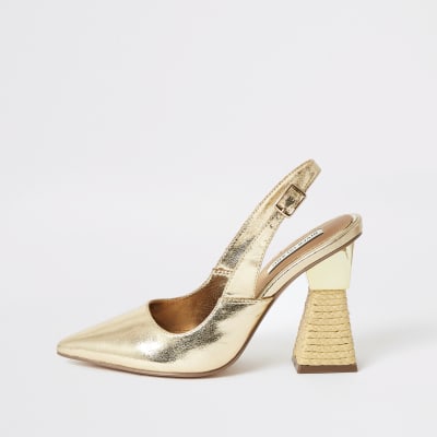 Escarpins dorés tissés à talons et bride arrière 