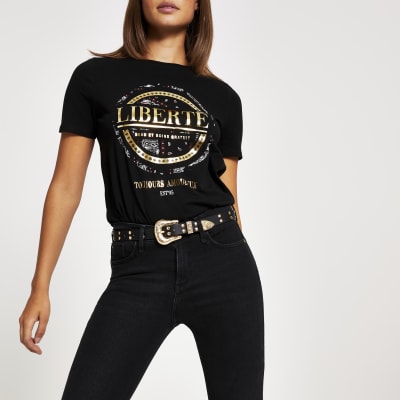 Zwart T-shirt met folieprint en korte mouwen