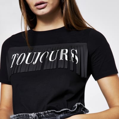 T-shirt noir « Toujours » à franges et manches courtes