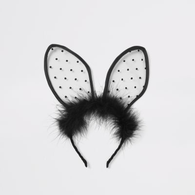 Black polka dot fluffy bunny ear headband