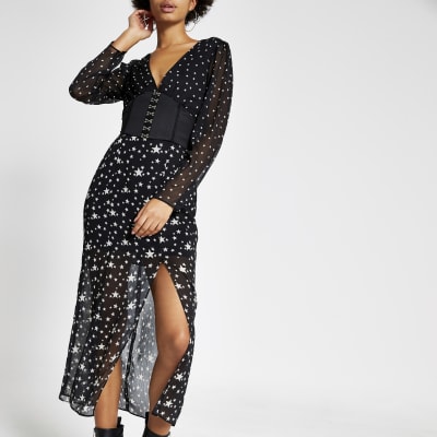 Black star print sheer corset midi dress