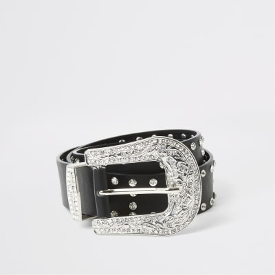 Black diamante studded western buckle belt