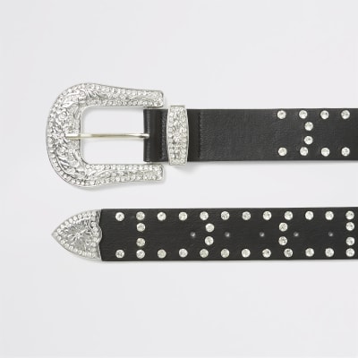 Black diamante studded western buckle belt