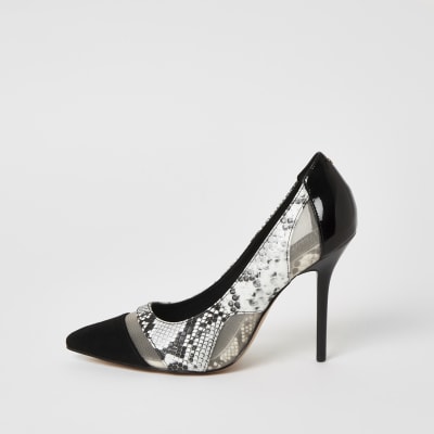 Escarpins à talon en résille noire et imprimé serpent  