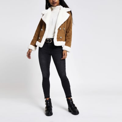Petite brown faux suede shearling jacket