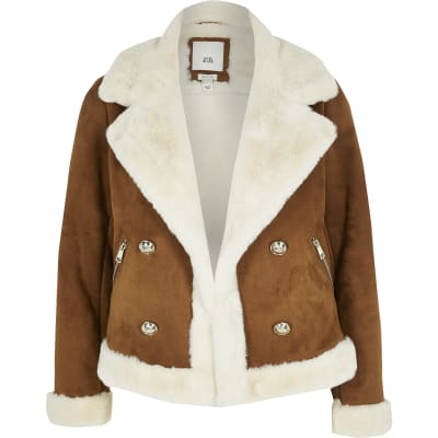 Petite brown faux suede shearling jacket