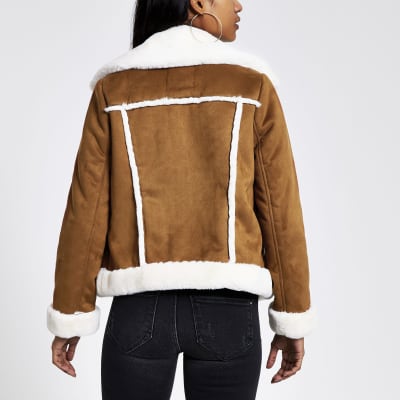Petite brown faux suede shearling jacket