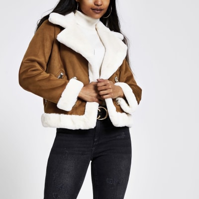 Petite brown faux suede shearling jacket