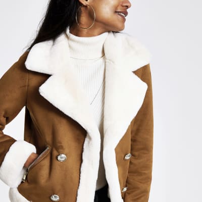Petite brown faux suede shearling jacket