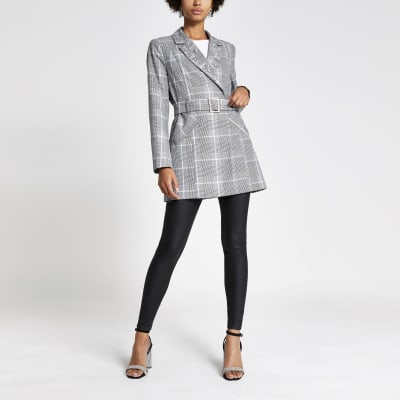 Grey check embellished belted longline blazer