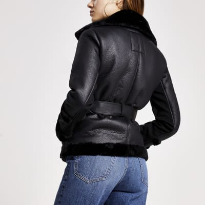 Petite black shearling belted jacket