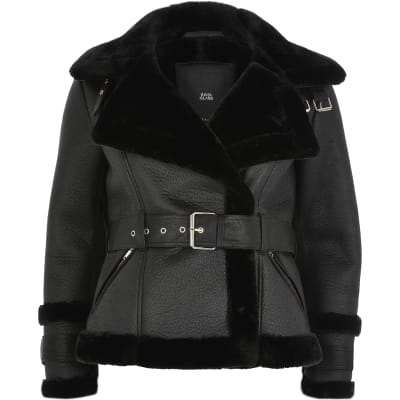 Petite black shearling belted jacket