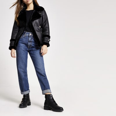 Petite black shearling belted jacket