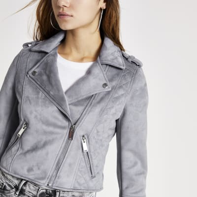 Petite blue suedette quilted biker jacket