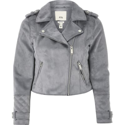 Petite blue suedette quilted biker jacket