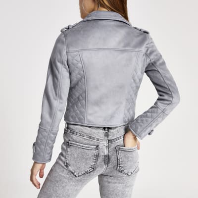 Petite blue suedette quilted biker jacket
