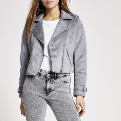 Petite blue suedette quilted biker jacket
