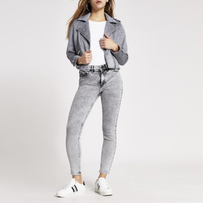 Petite blue suedette quilted biker jacket