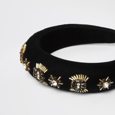 Black embellished velvet padded headband