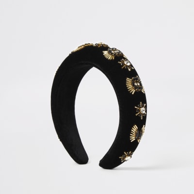 Black embellished velvet padded headband