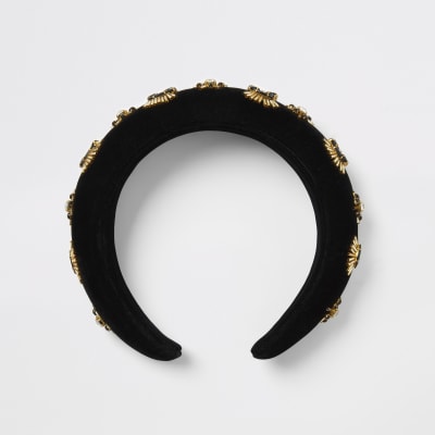 Black embellished velvet padded headband