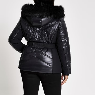 Plus black padded belted  fitted coat