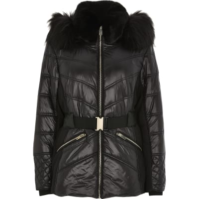 Plus black padded belted  fitted coat