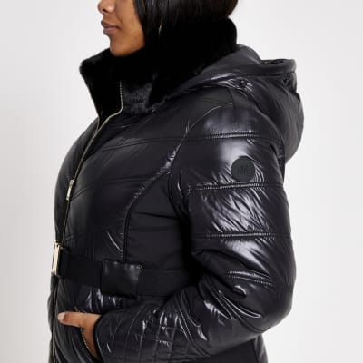 Plus black padded belted  fitted coat