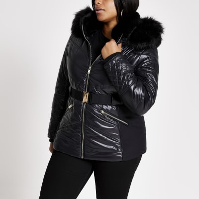 Plus black padded belted  fitted coat