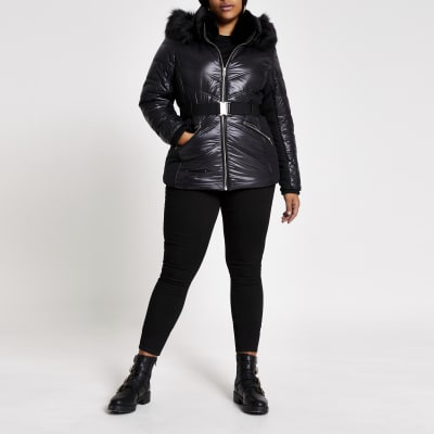 Plus black padded belted  fitted coat