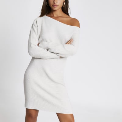 Beige off the shoulder knitted mini dress