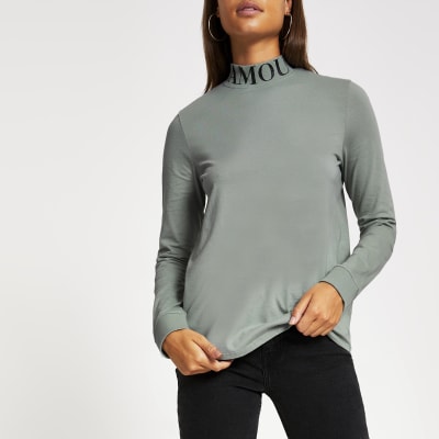 Groen hoogsluitend T-shirt met 'L'amour'-print