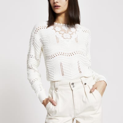 Cream floral embroidered knitted jumper