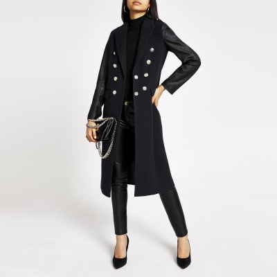 Navy faux leather sleeve longline coat