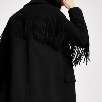 Black fringe double breasted longline coat