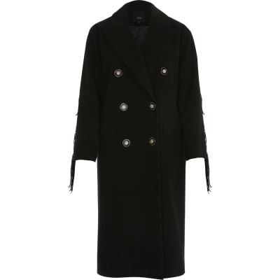 Black fringe double breasted longline coat