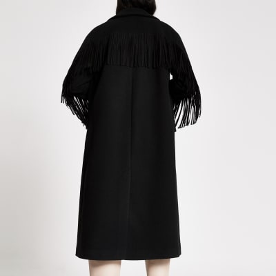 Black fringe double breasted longline coat