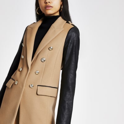 Beige faux leather sleeve longline coat