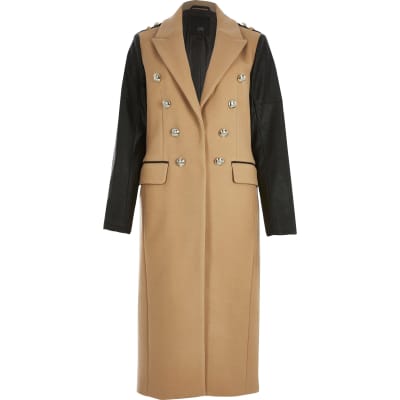 Beige faux leather sleeve longline coat